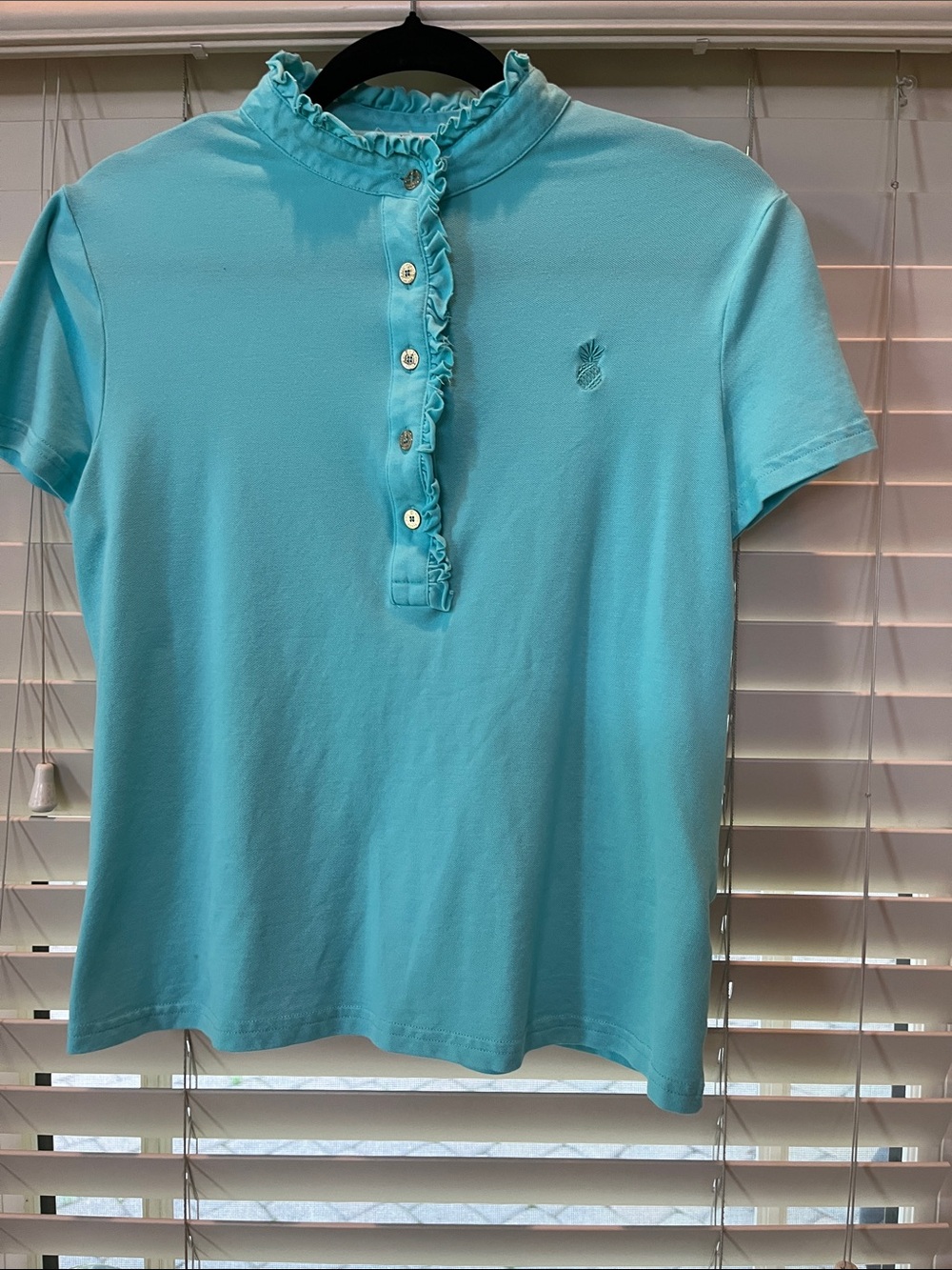 Aqua Ruffle-Trim Henley with Pineapple Embroidery